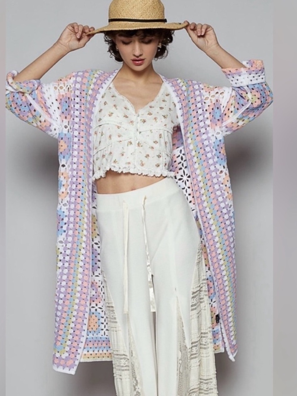 New: POL Pastel Boho Mixed Granny Patchwork  Crochet Long Cardigan Duster• OS